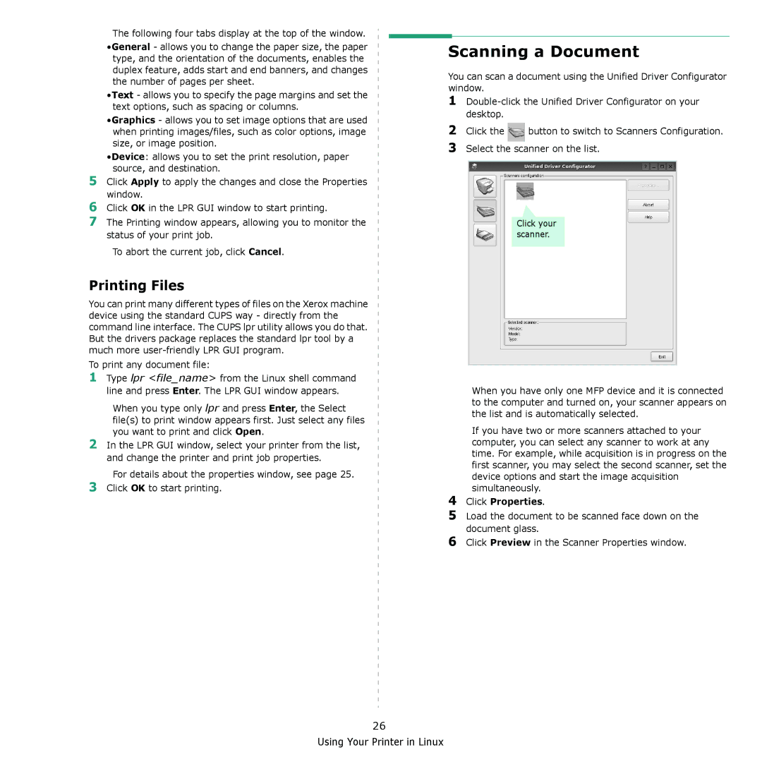 Xerox 6110MFP manual Scanning a Document, Printing Files, Click Properties 