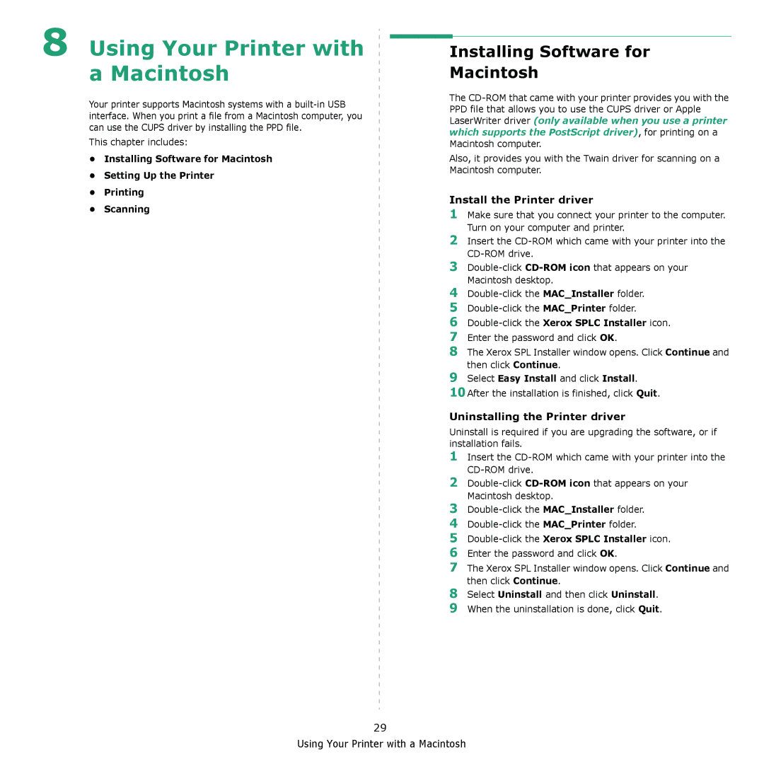 Xerox 6110MFP manual Installing Software for Macintosh, Install the Printer driver, Uninstalling the Printer driver 