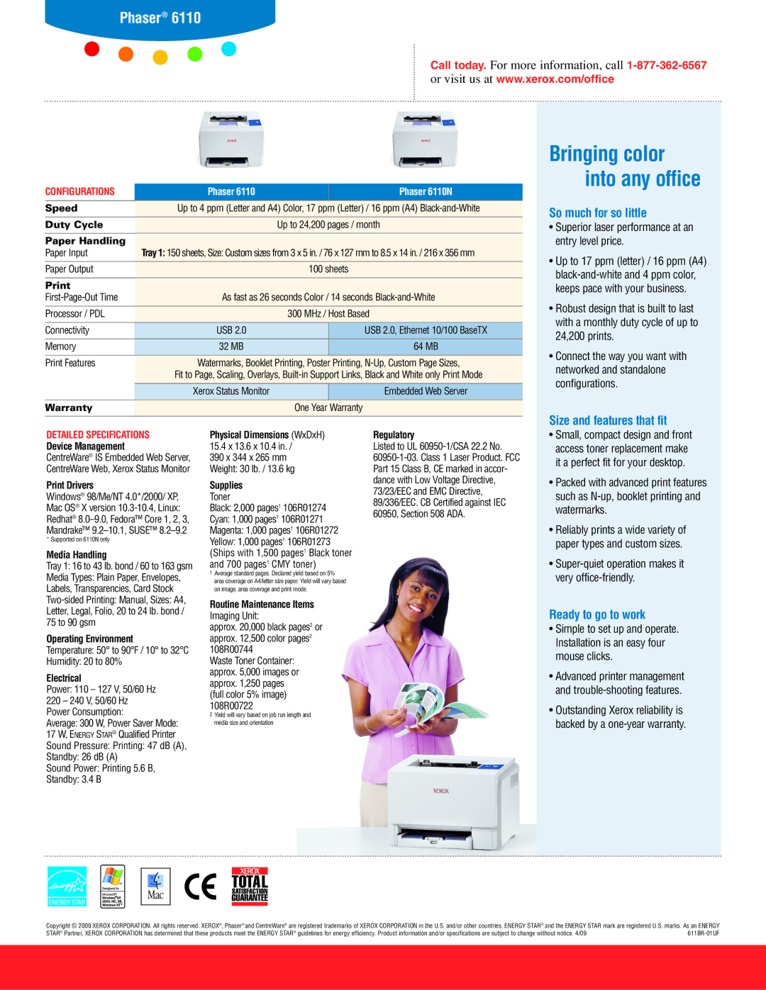 Xerox 6110N manual So much for so little, Size and features that fit, Ready to go to work, Configurations 