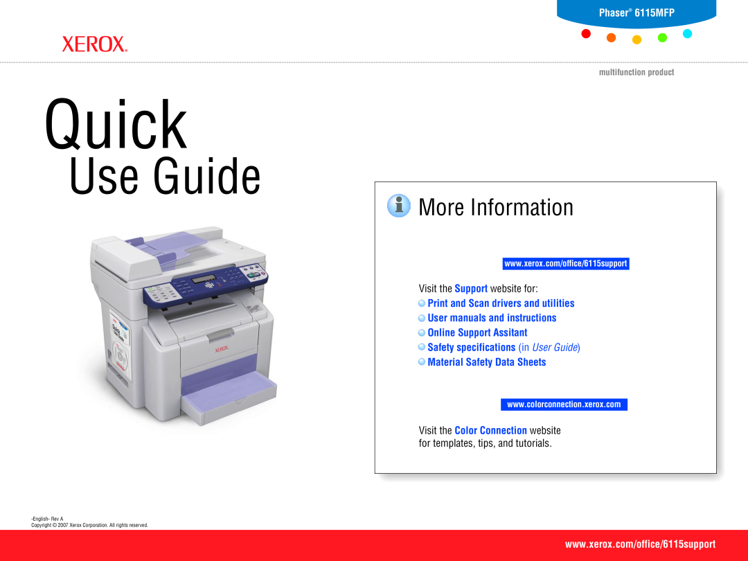 Xerox user manual More Information, Phaser 6115MFP, Visit the Support website for, Print and Scan drivers and utilities 