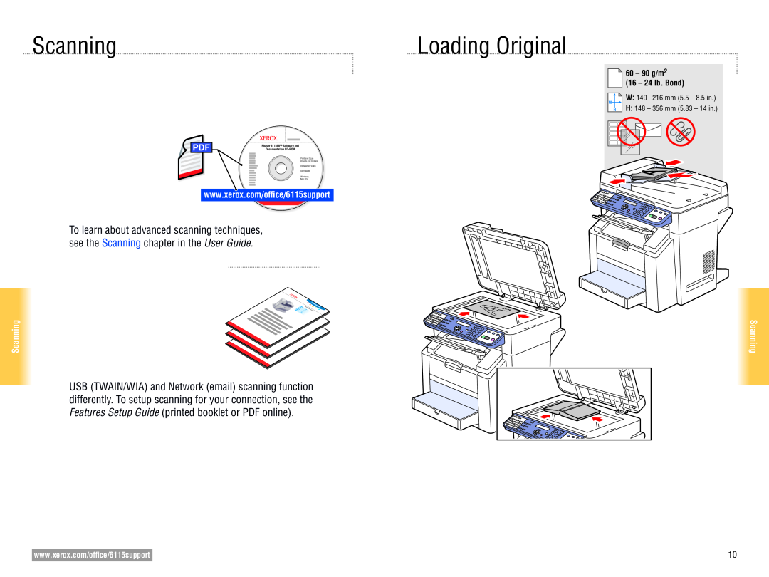 Xerox Scanning, Loading Original, 60 - 90 g/m2 16 - 24 lb. Bond, Phaser 6115MFP Software and Documentation CD-ROM 
