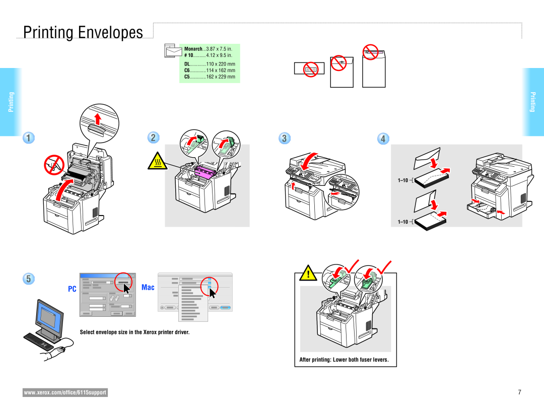 Xerox 6115MFP Printing Envelopes, Select envelope size in the Xerox printer driver, After printing Lower both fuser levers 