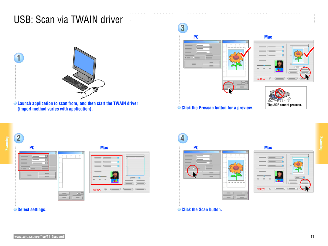 Xerox 6115MFP user manual USB Scan via Twain driver, Click the Scan button Mac 