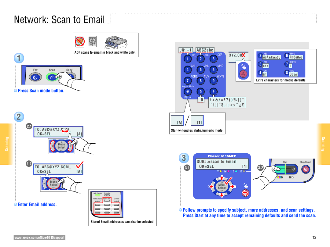 Xerox 6115MFP user manual Network Scan to Email, Press Scan mode button, Enter Email address 