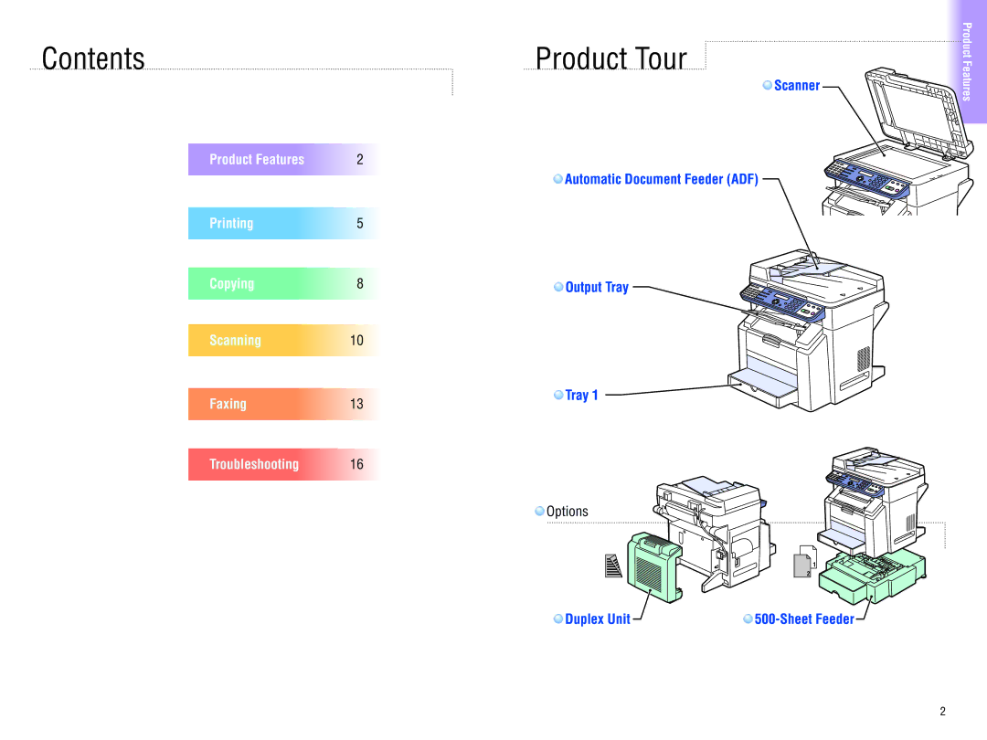 Xerox 6115MFP user manual Contents, Product Tour, Scanner Automatic Document Feeder ADF, Tray, Duplex Unit Sheet Feeder 