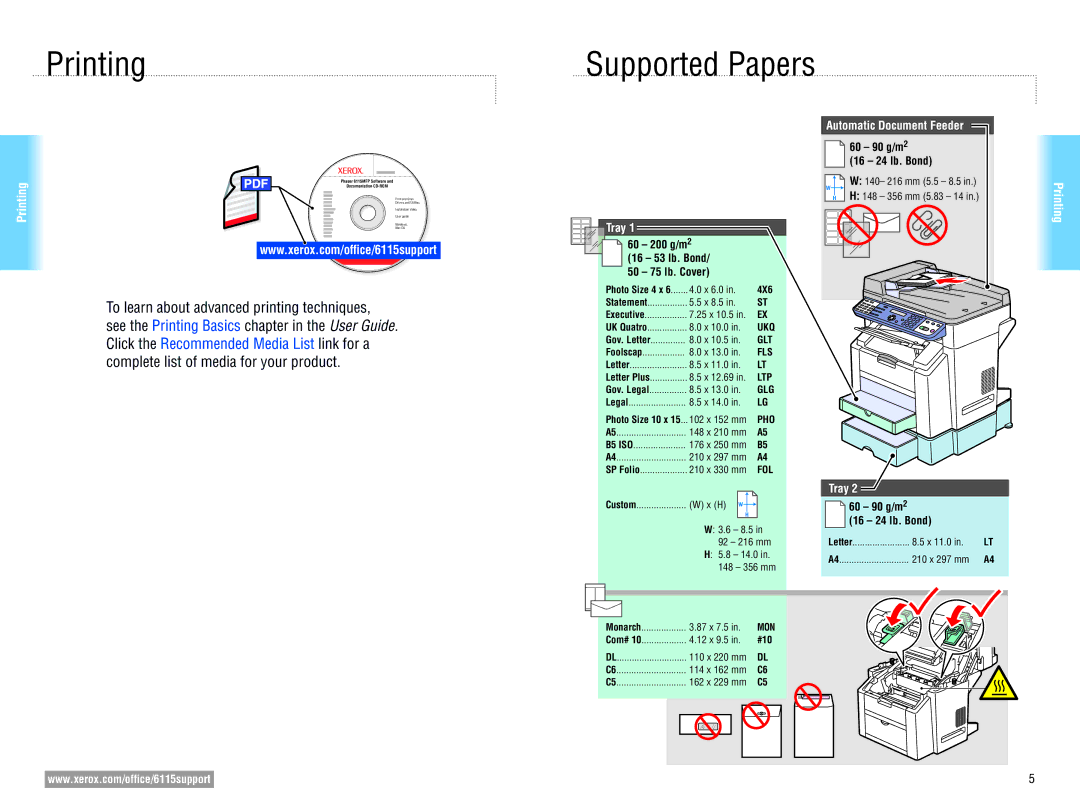 Xerox 6115MFP user manual Printing Supported Papers, Automatic Document Feeder 