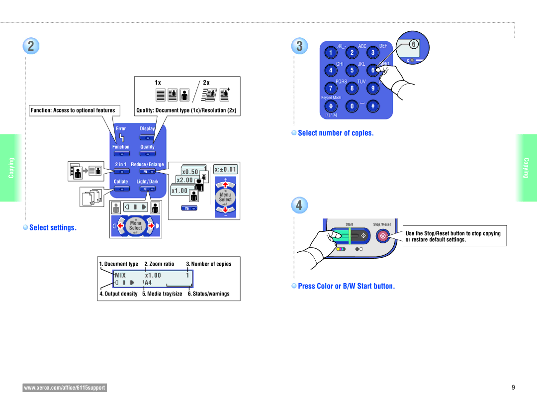 Xerox 6115MFP user manual Select settings, Select number of copies, Press Color or B/W Start button 