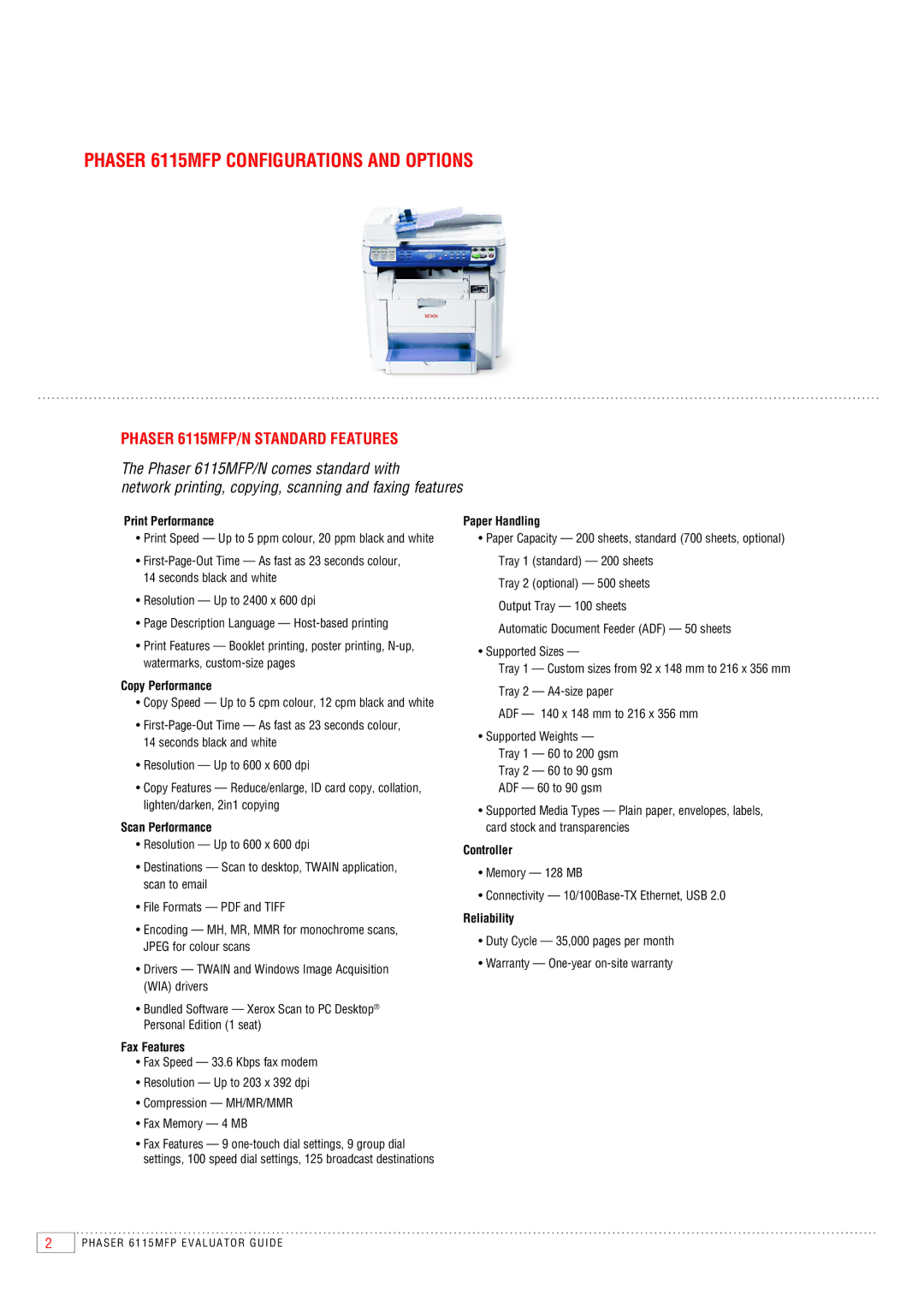 Xerox manual Phaser 6115MFP Configurations and Options, Phaser 6115MFP/N standard features 