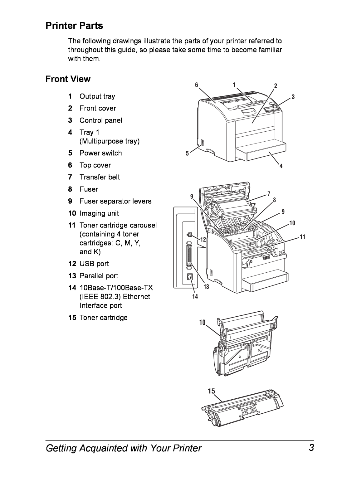 Xerox 6120 manual Printer Parts, Front View, Getting Acquainted with Your Printer 