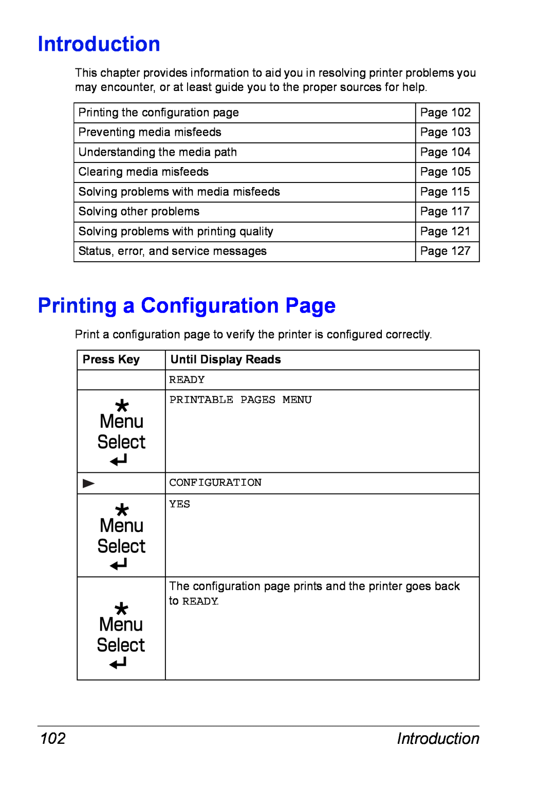 Xerox 6120 manual Introduction, Printing a Configuration Page, Ready, Printable Pages Menu 