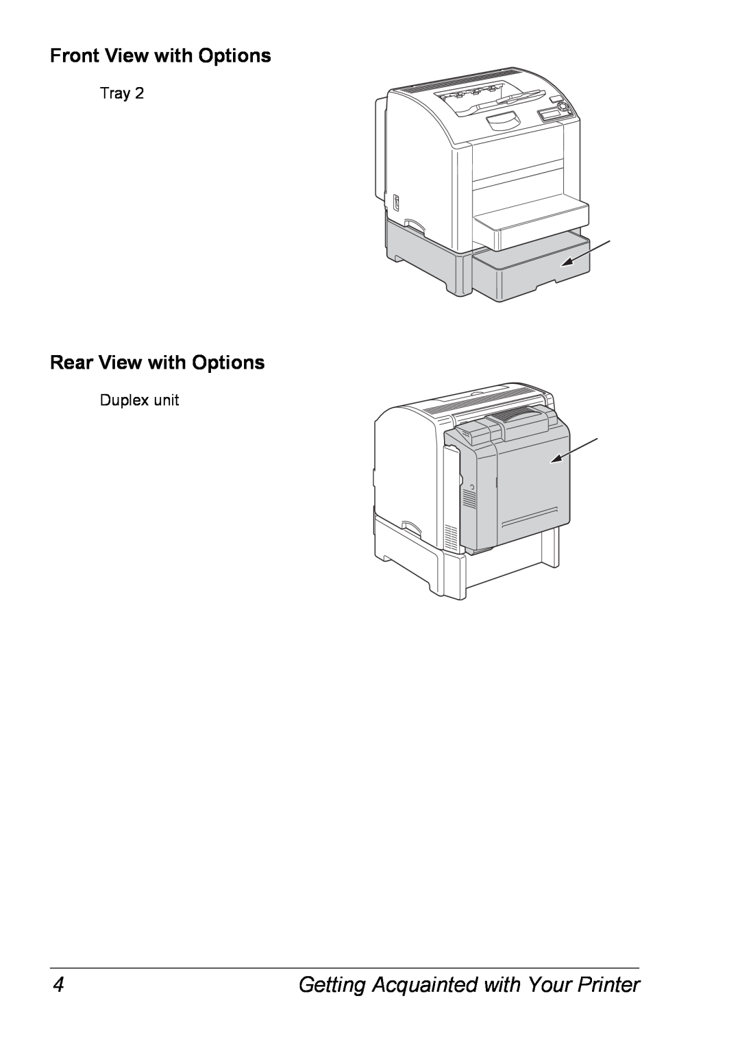 Xerox 6120 manual Front View with Options, Rear View with Options, Getting Acquainted with Your Printer 