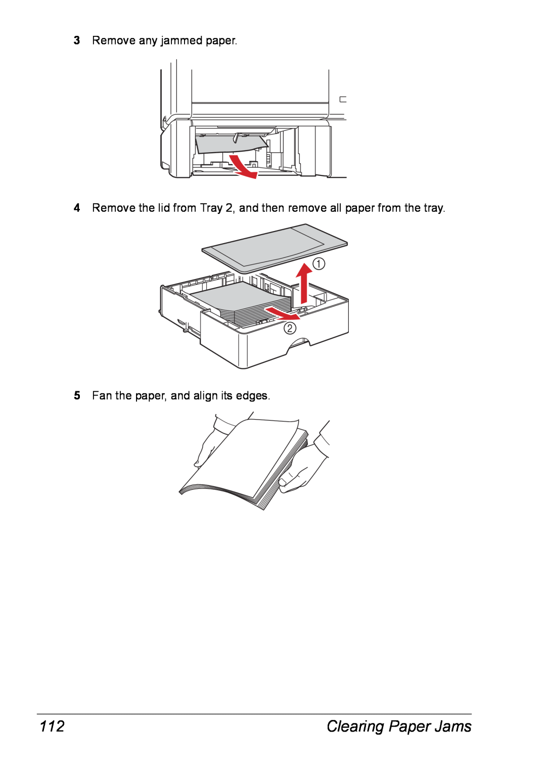 Xerox 6120 manual Clearing Paper Jams, Remove any jammed paper, Fan the paper, and align its edges 