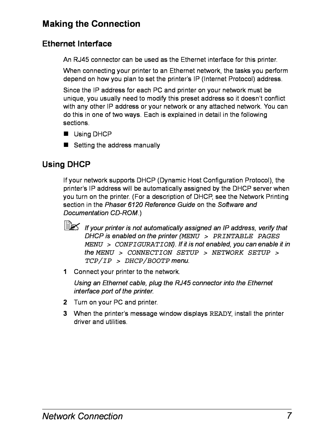 Xerox 6120 manual Making the Connection, Ethernet Interface, Using DHCP, Network Connection 
