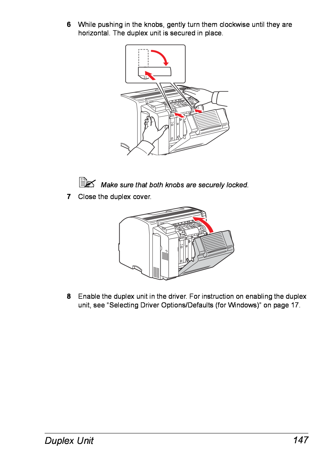 Xerox 6120 manual Duplex Unit,  Make sure that both knobs are securely locked, Close the duplex cover 