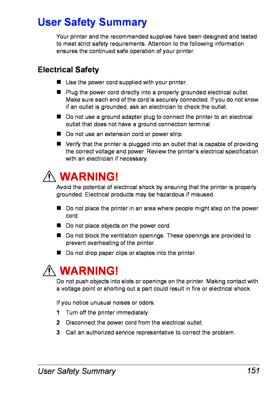 Xerox 6120 manual User Safety Summary, Electrical Safety 