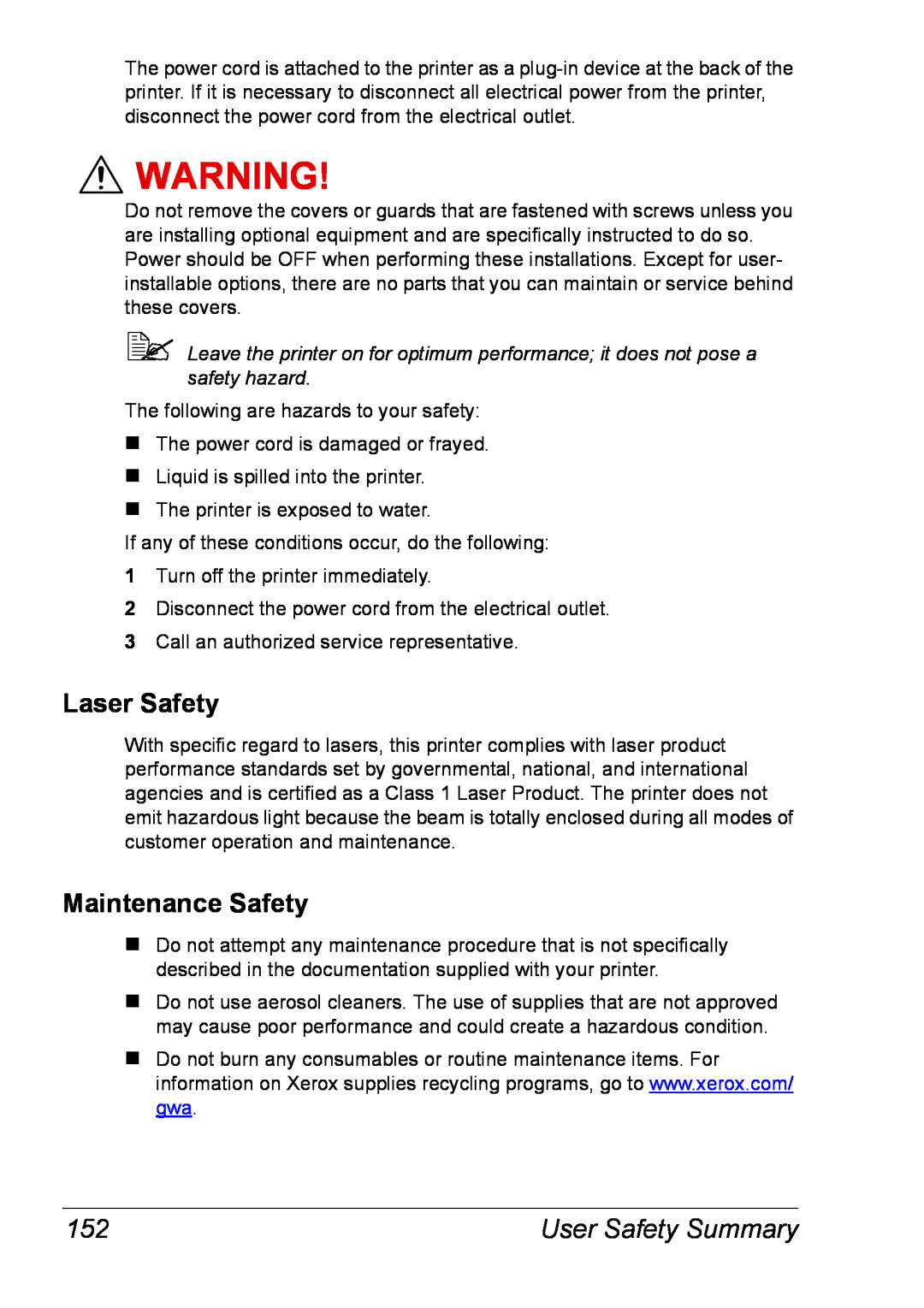Xerox 6120 manual Laser Safety, Maintenance Safety, User Safety Summary 