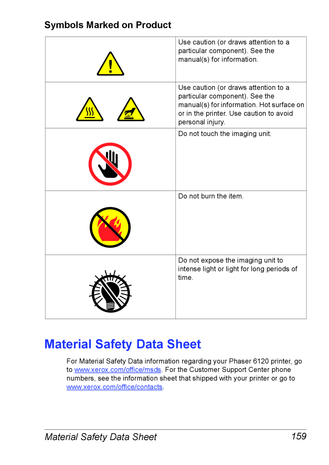 Xerox 6120 manual Material Safety Data Sheet, Symbols Marked on Product 