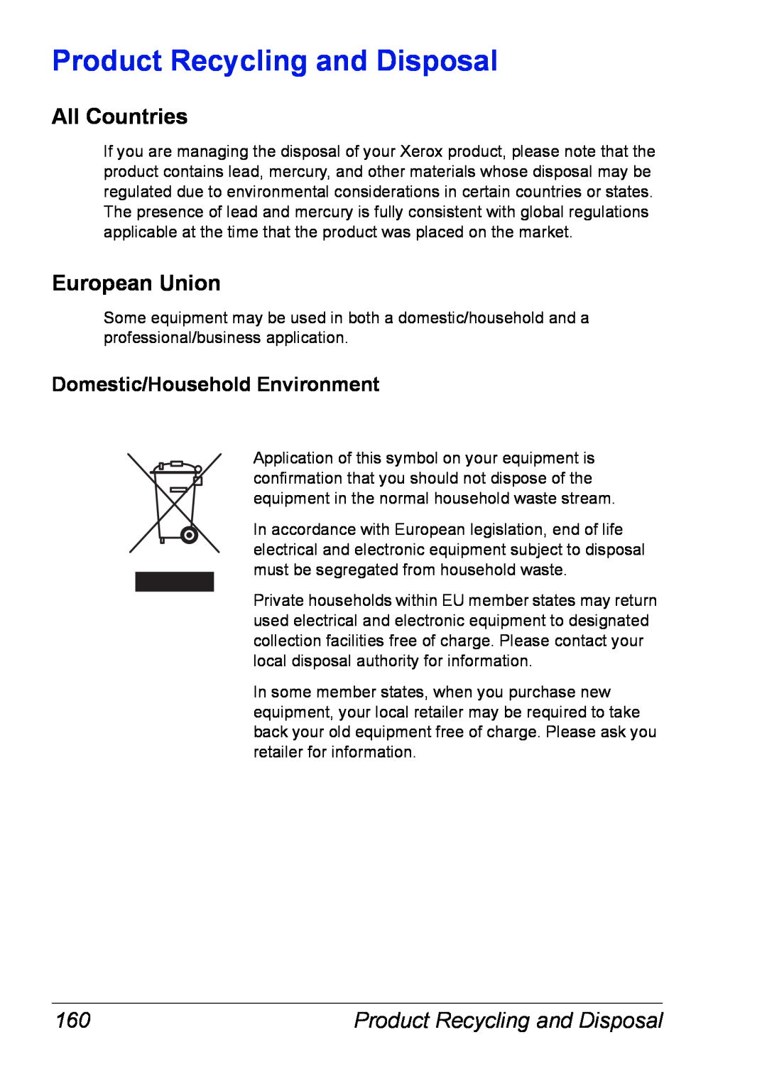 Xerox 6120 manual Product Recycling and Disposal, All Countries, European Union, Domestic/Household Environment 