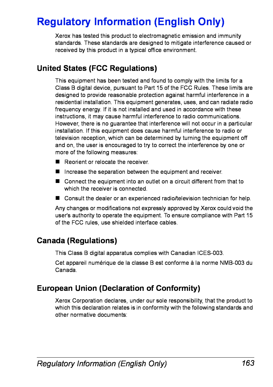 Xerox 6120 manual Regulatory Information English Only, United States FCC Regulations, Canada Regulations 