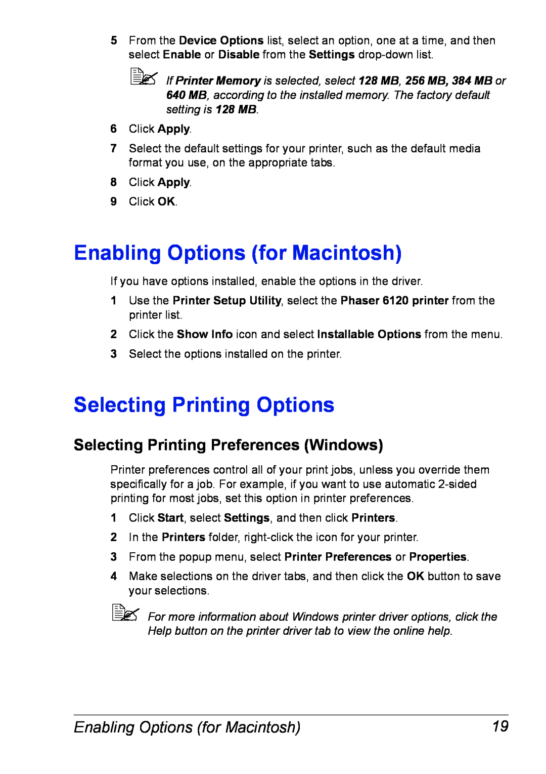 Xerox 6120 manual Enabling Options for Macintosh, Selecting Printing Options, Selecting Printing Preferences Windows 