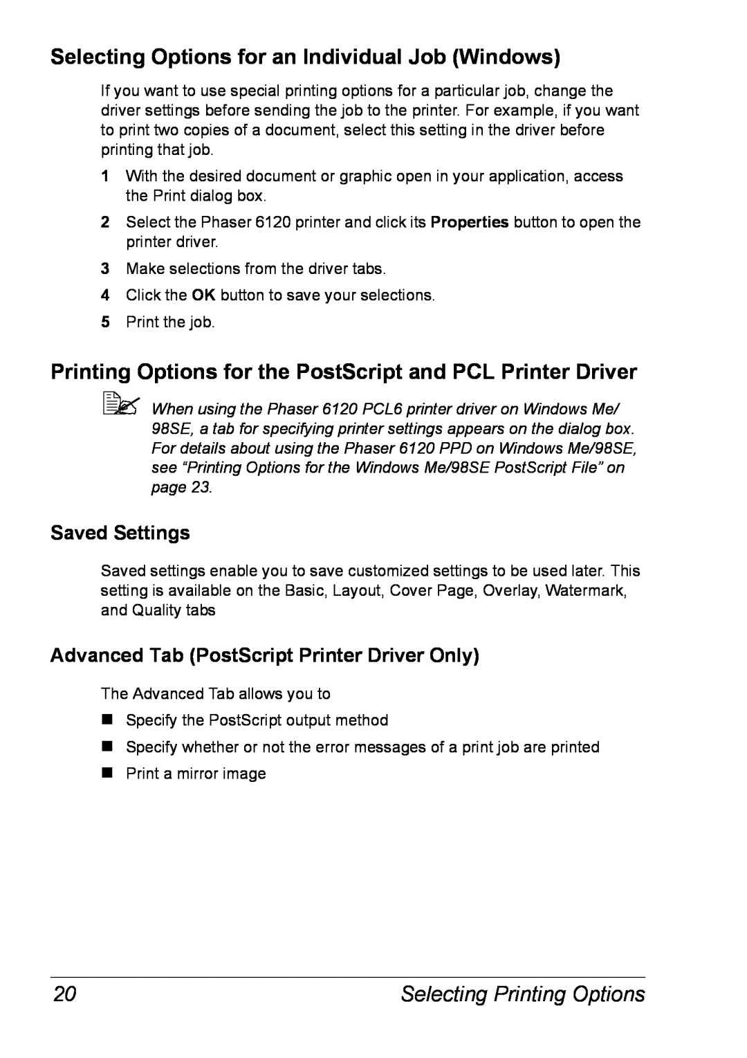 Xerox 6120 Selecting Options for an Individual Job Windows, Printing Options for the PostScript and PCL Printer Driver 