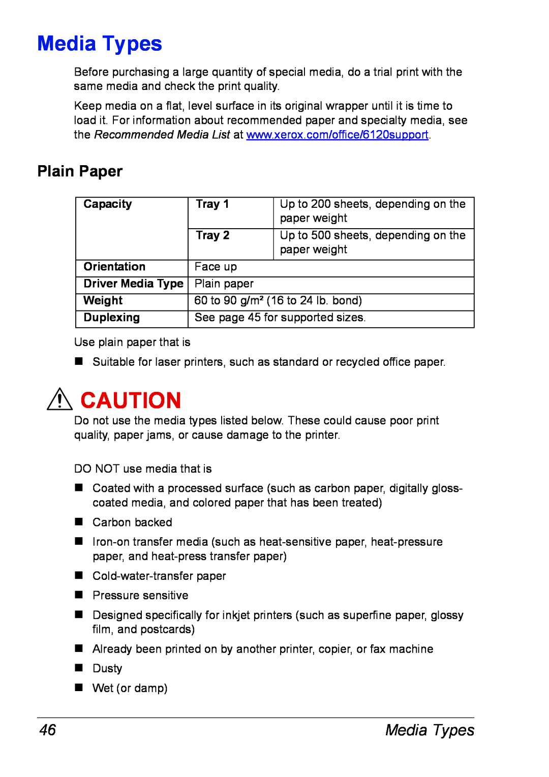 Xerox 6120 manual Media Types, Plain Paper 