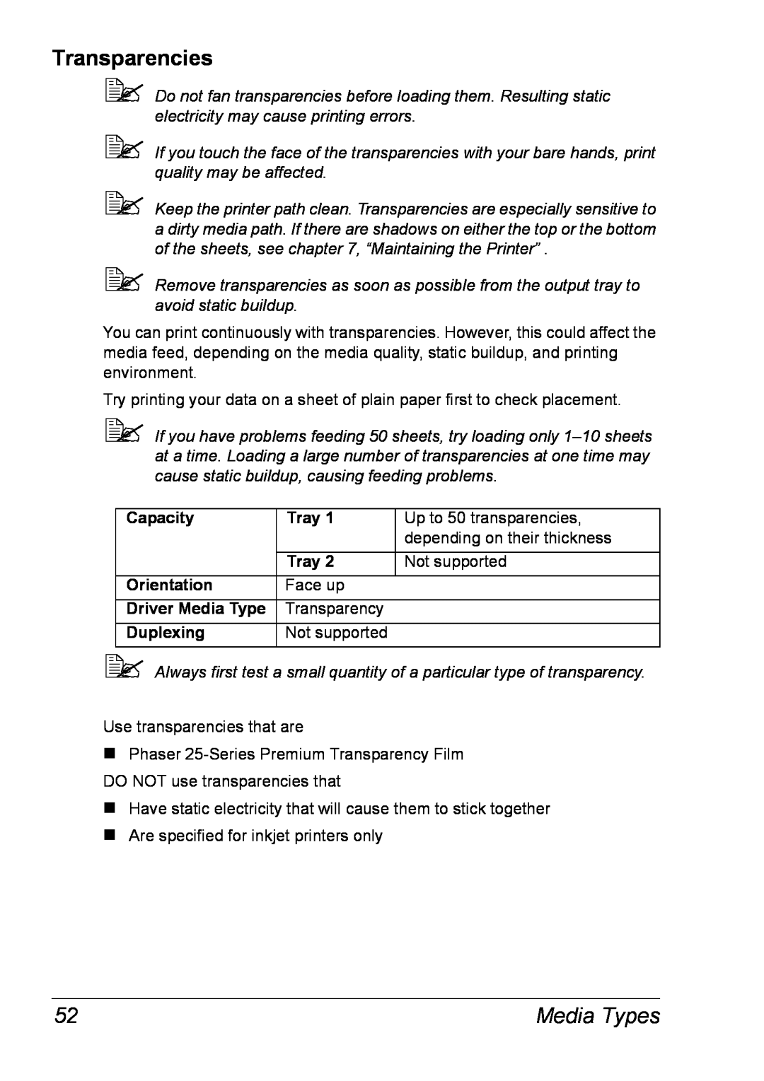 Xerox 6120 manual Transparencies,   , Media Types 