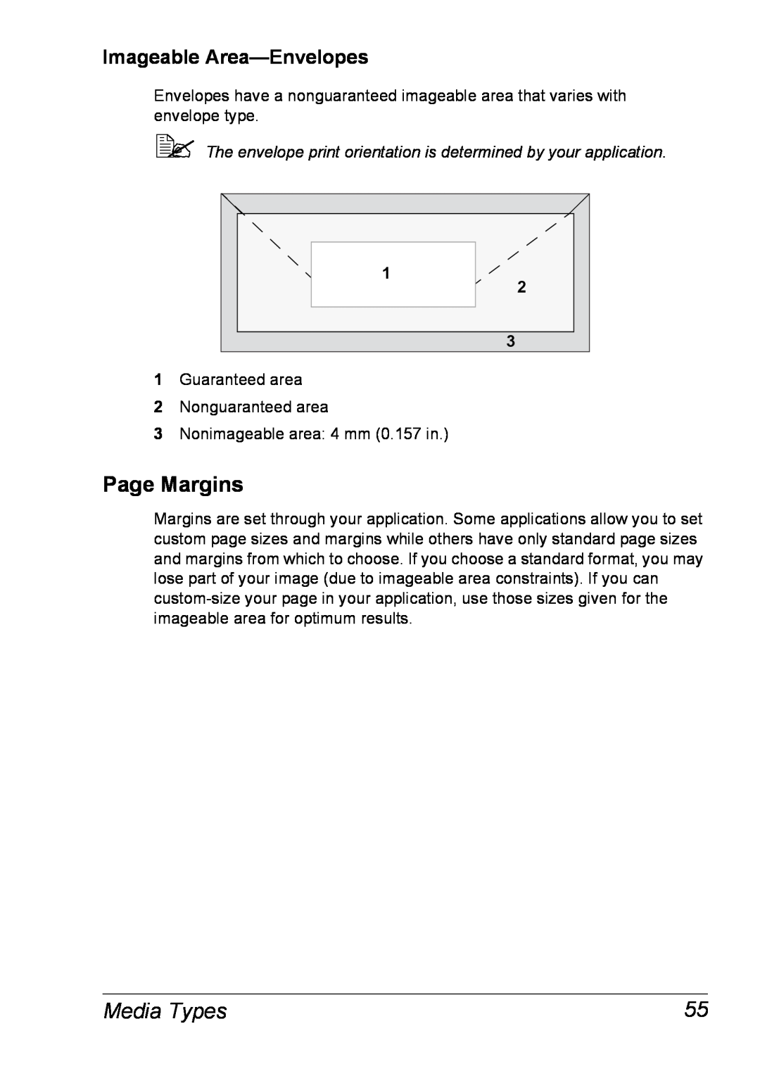 Xerox 6120 manual Page Margins, Imageable Area-Envelopes, Media Types 