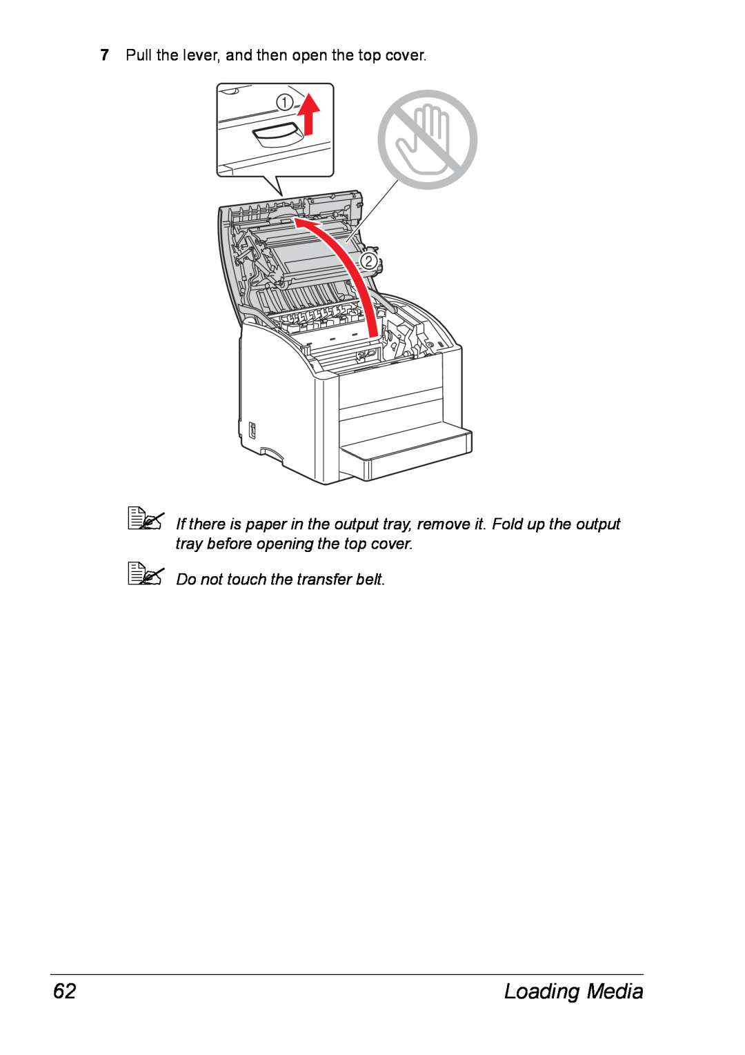 Xerox 6120 manual Loading Media, Pull the lever, and then open the top cover,  Do not touch the transfer belt 