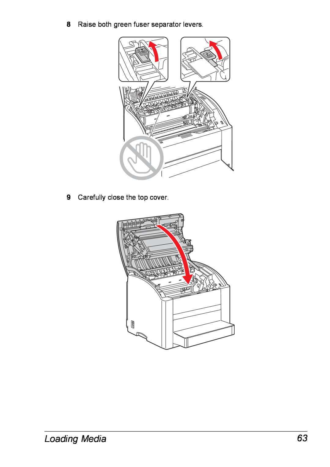 Xerox 6120 manual Loading Media, Raise both green fuser separator levers, Carefully close the top cover 