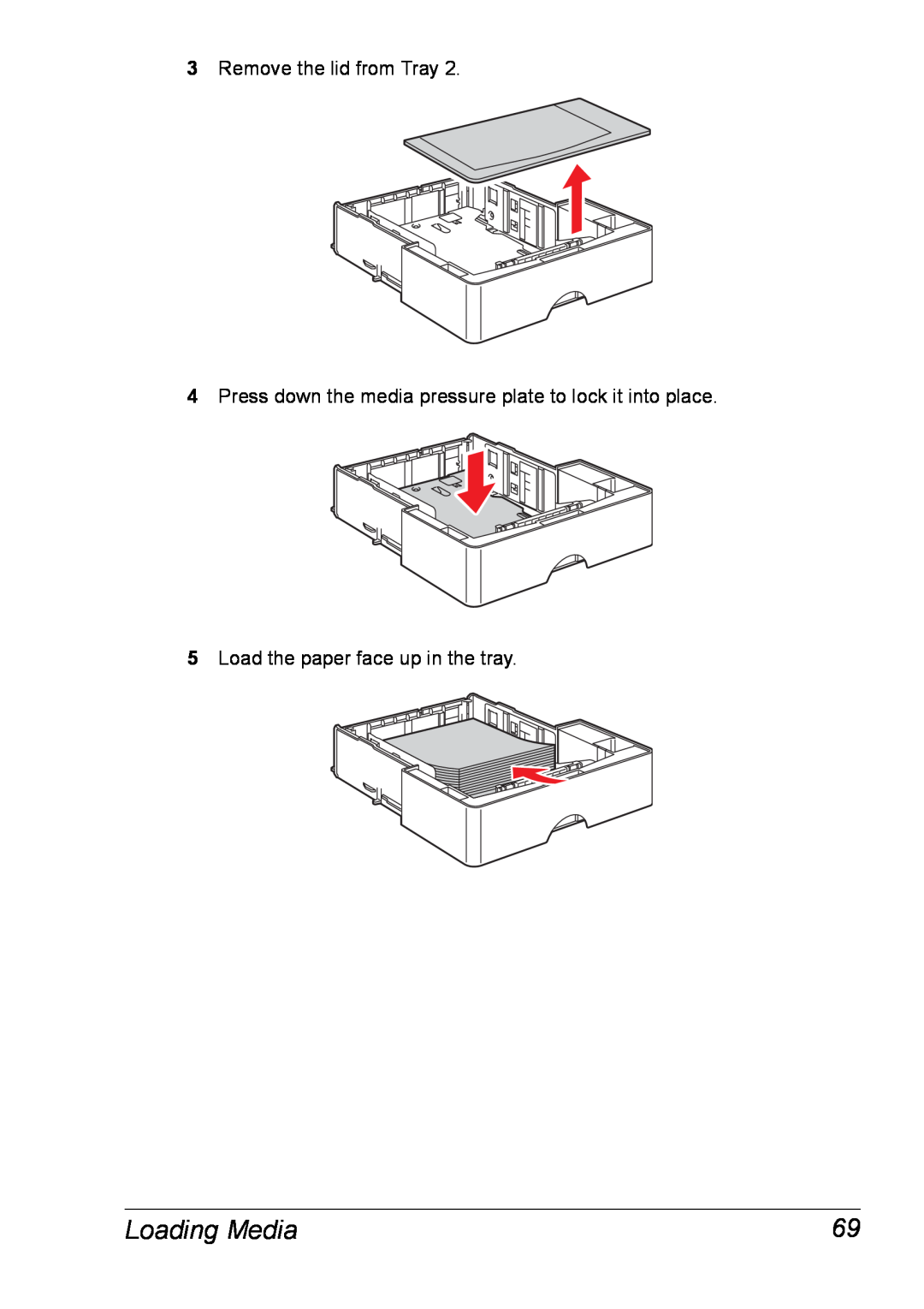 Xerox 6120 manual Loading Media, Remove the lid from Tray, Press down the media pressure plate to lock it into place 