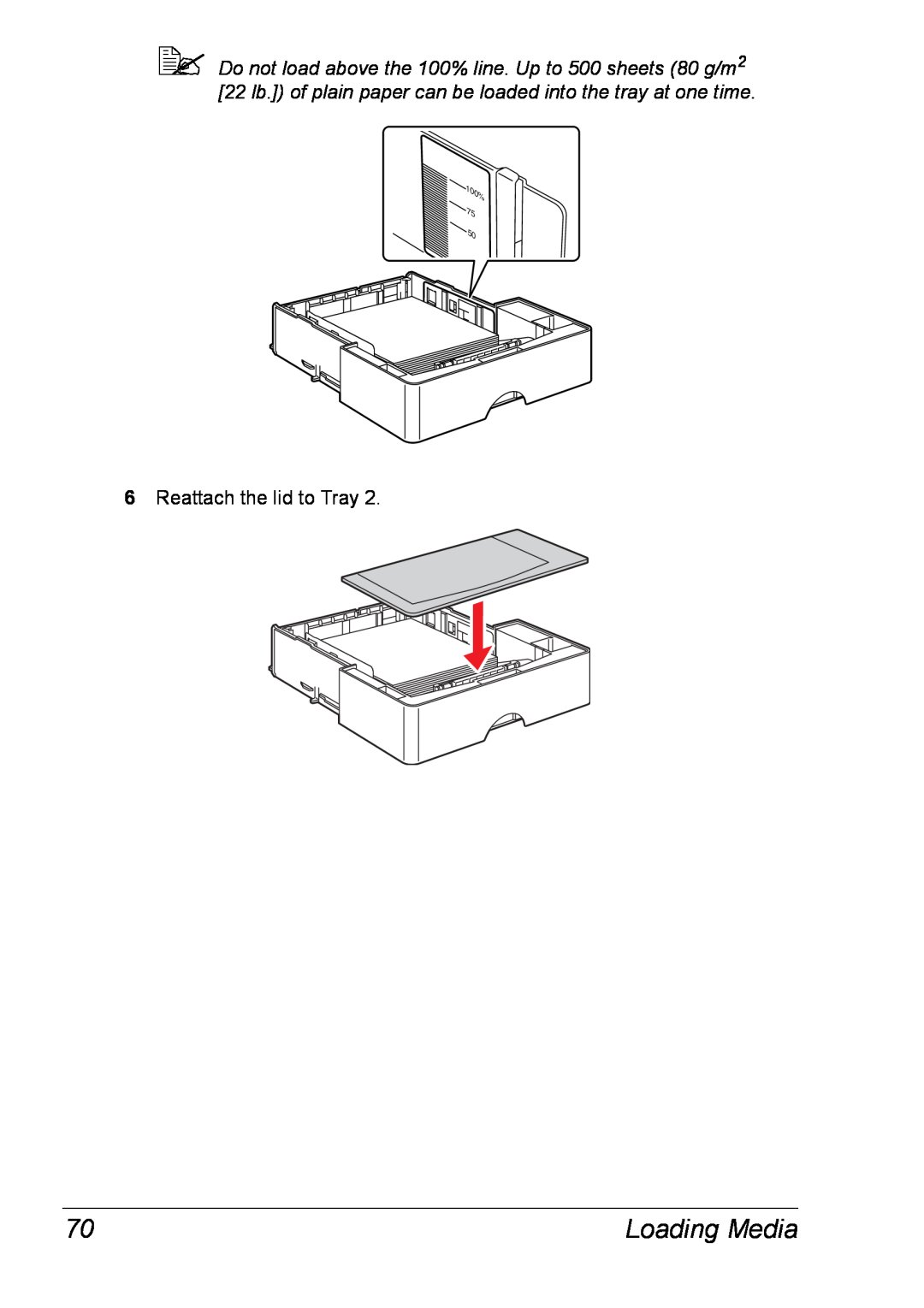 Xerox 6120 manual Loading Media, Reattach the lid to Tray, 100% 