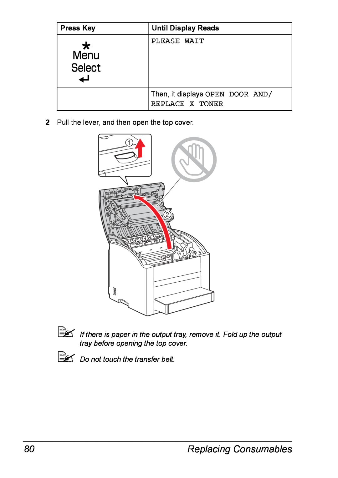 Xerox 6120 manual Replacing Consumables, Please Wait, Replace X Toner, Then, it displays OPEN DOOR AND 