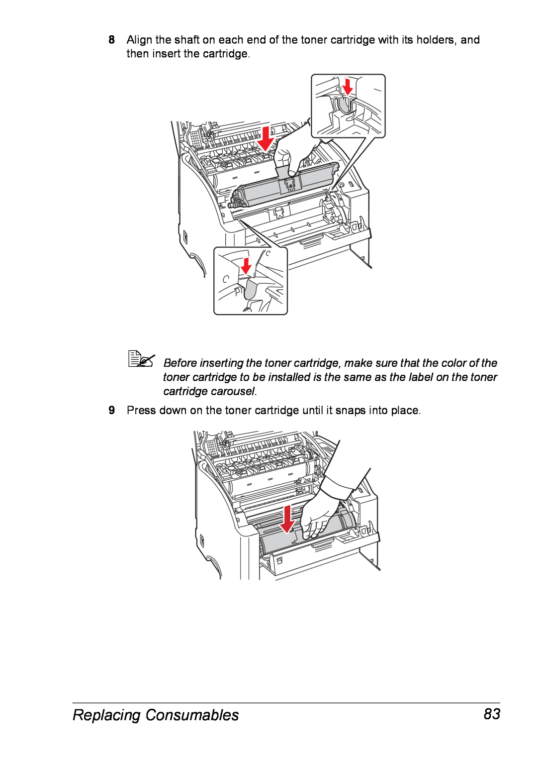 Xerox 6120 manual Replacing Consumables, Press down on the toner cartridge until it snaps into place 