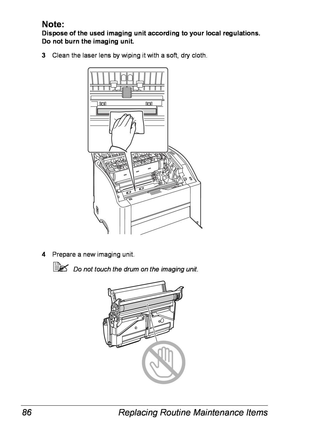 Xerox 6120 manual Replacing Routine Maintenance Items, Clean the laser lens by wiping it with a soft, dry cloth 