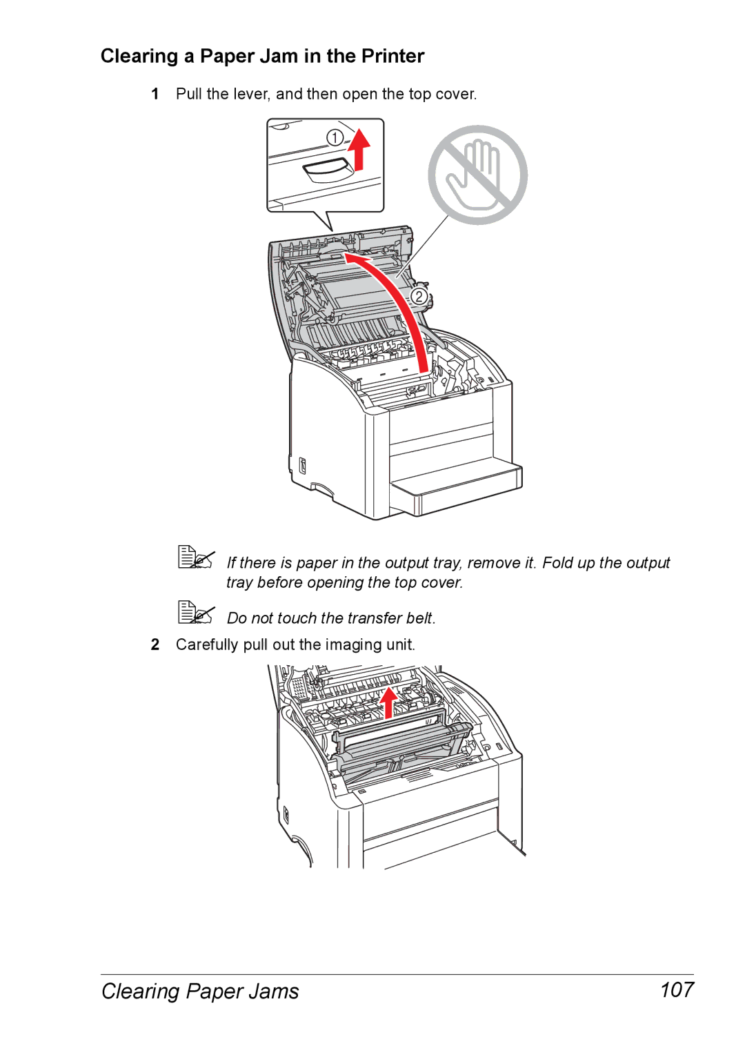 Xerox 6120 manual Clearing Paper Jams 107, Clearing a Paper Jam in the Printer 