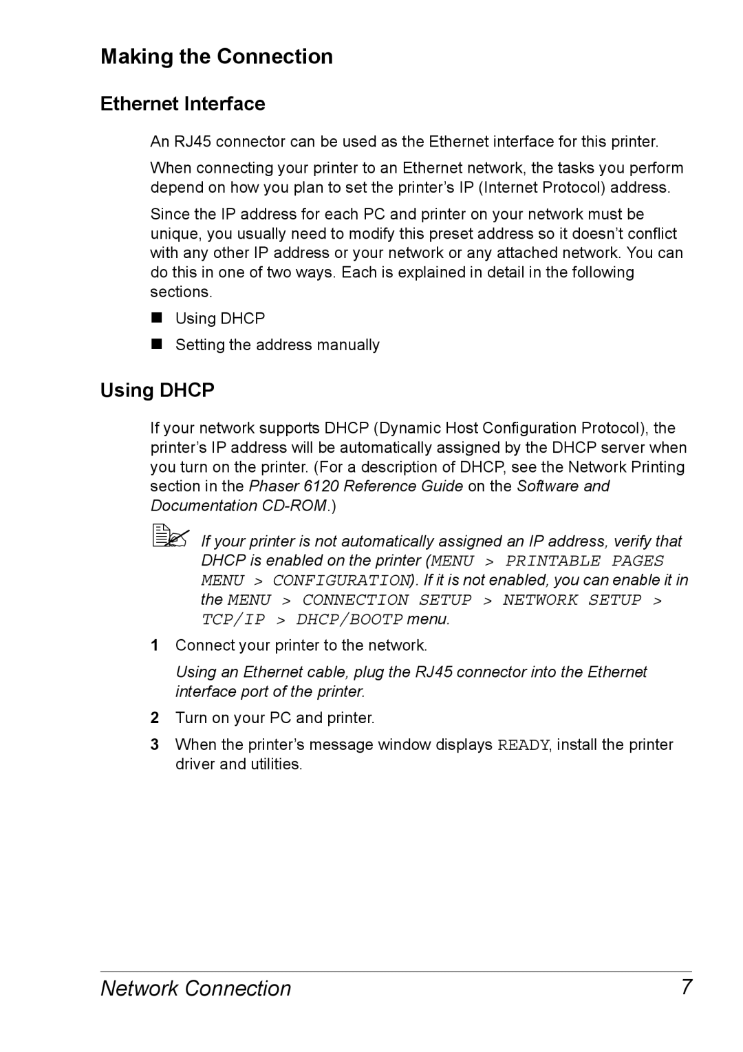 Xerox 6120 manual Making the Connection, Ethernet Interface, Using Dhcp 