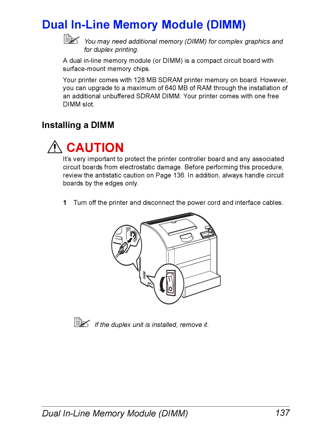 Xerox 6120 manual Installing a Dimm, Dual In-Line Memory Module Dimm 137 