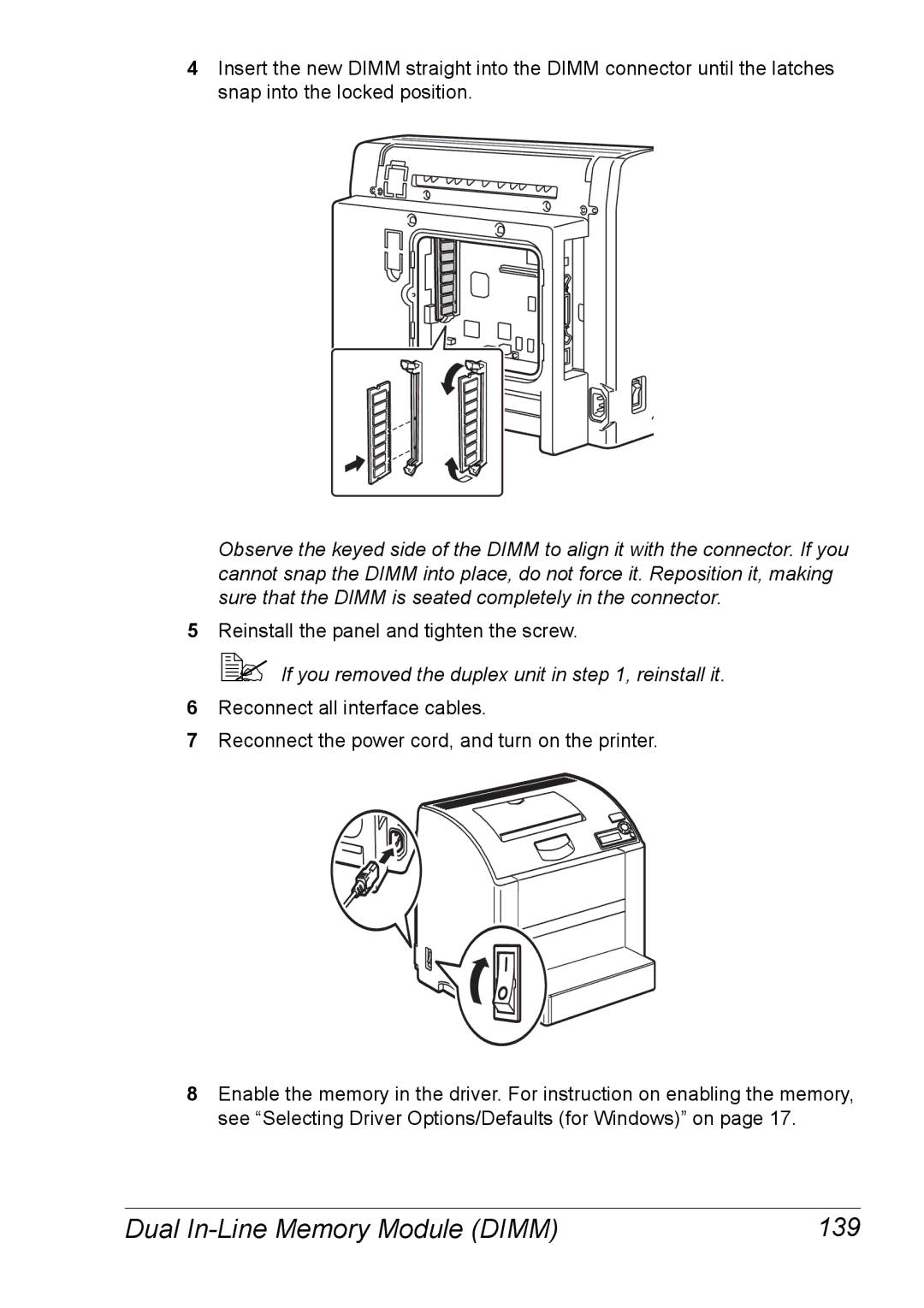 Xerox 6120 manual Dual In-Line Memory Module Dimm 139,  If you removed the duplex unit in , reinstall it 