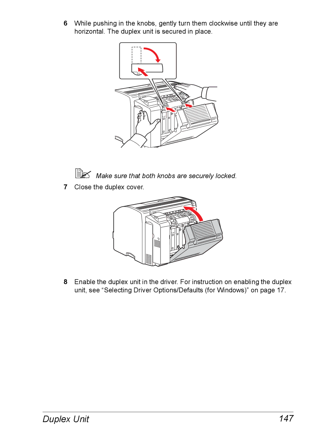 Xerox 6120 manual Duplex Unit 147,  Make sure that both knobs are securely locked 