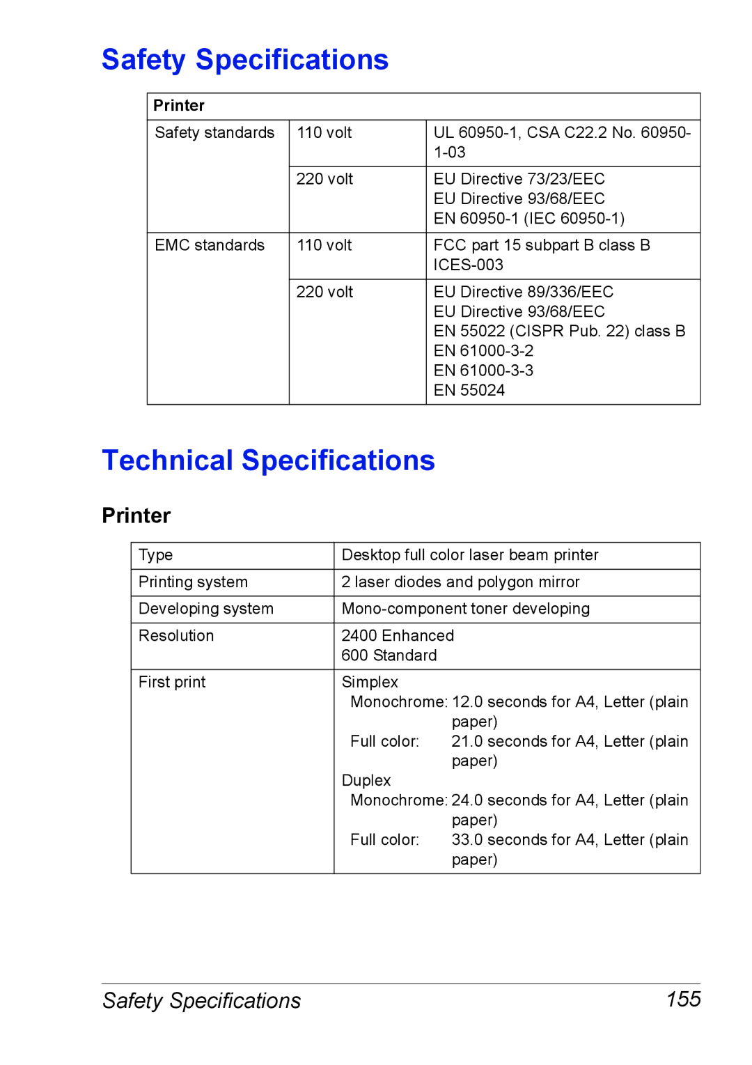 Xerox 6120 manual Technical Specifications, Printer, Safety Specifications 155 