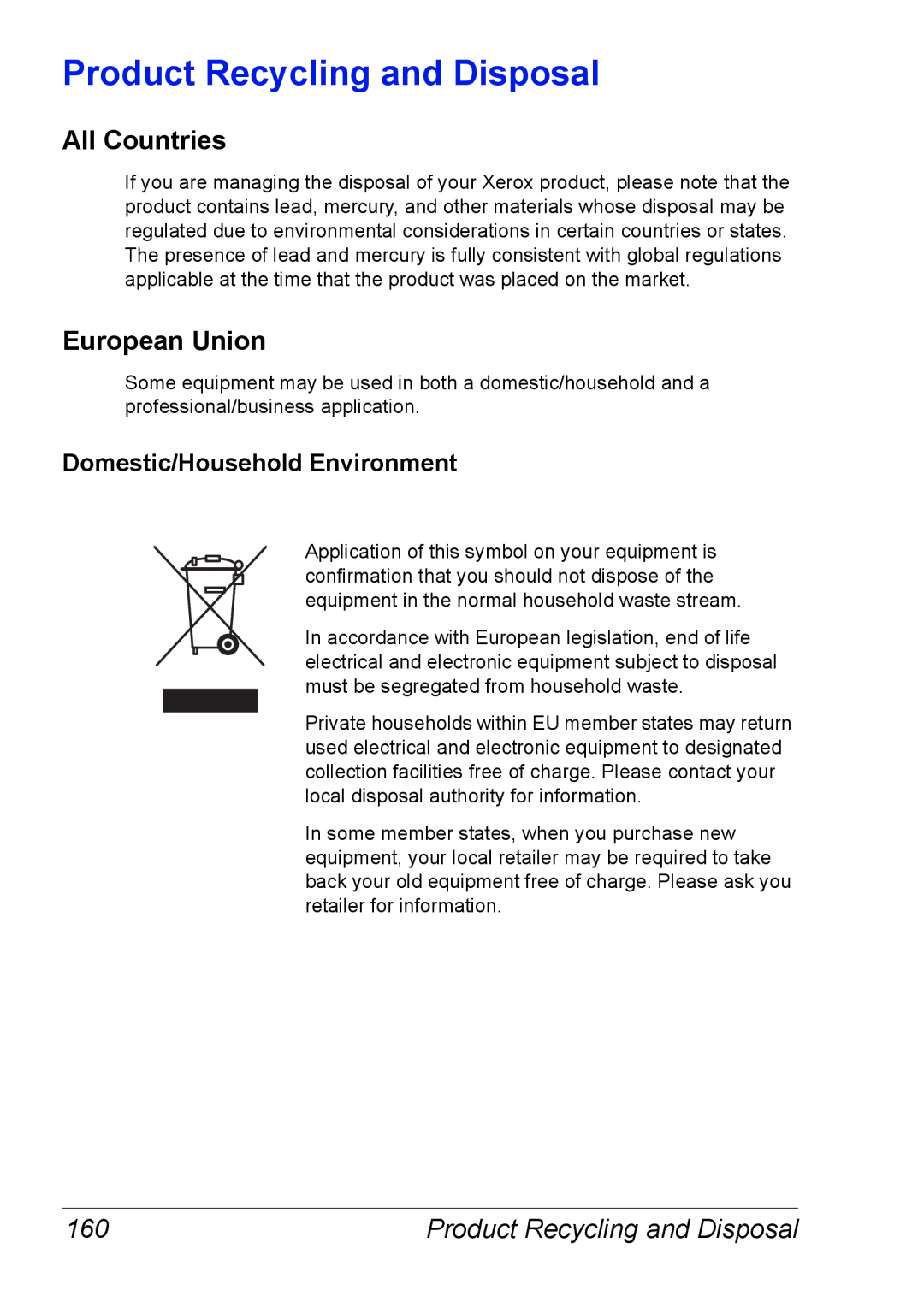 Xerox 6120 manual Product Recycling and Disposal, All Countries, European Union, 160, Domestic/Household Environment 