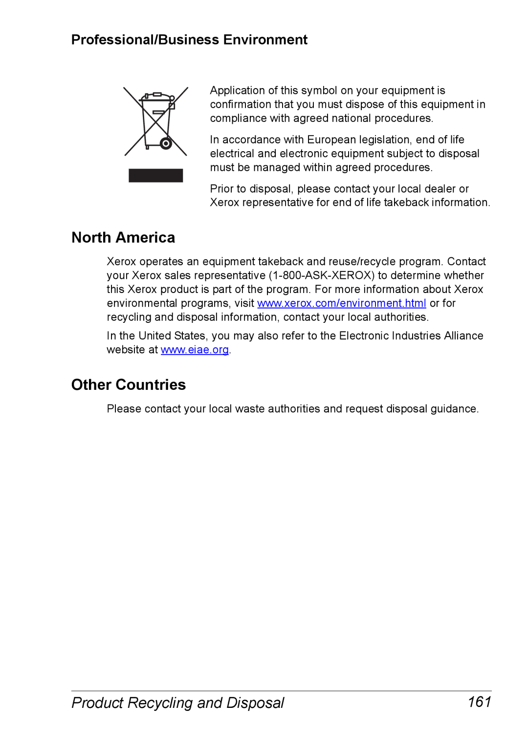 Xerox 6120 manual North America Other Countries, Product Recycling and Disposal 161, Professional/Business Environment 