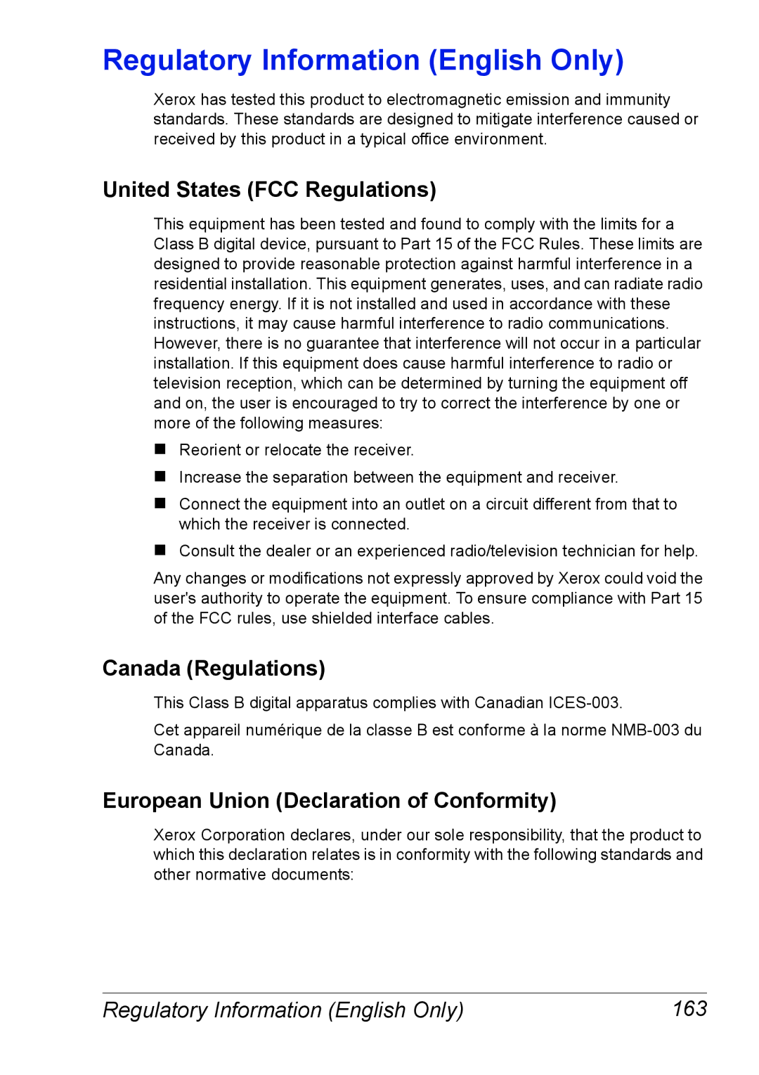 Xerox 6120 manual Regulatory Information English Only, United States FCC Regulations, Canada Regulations 