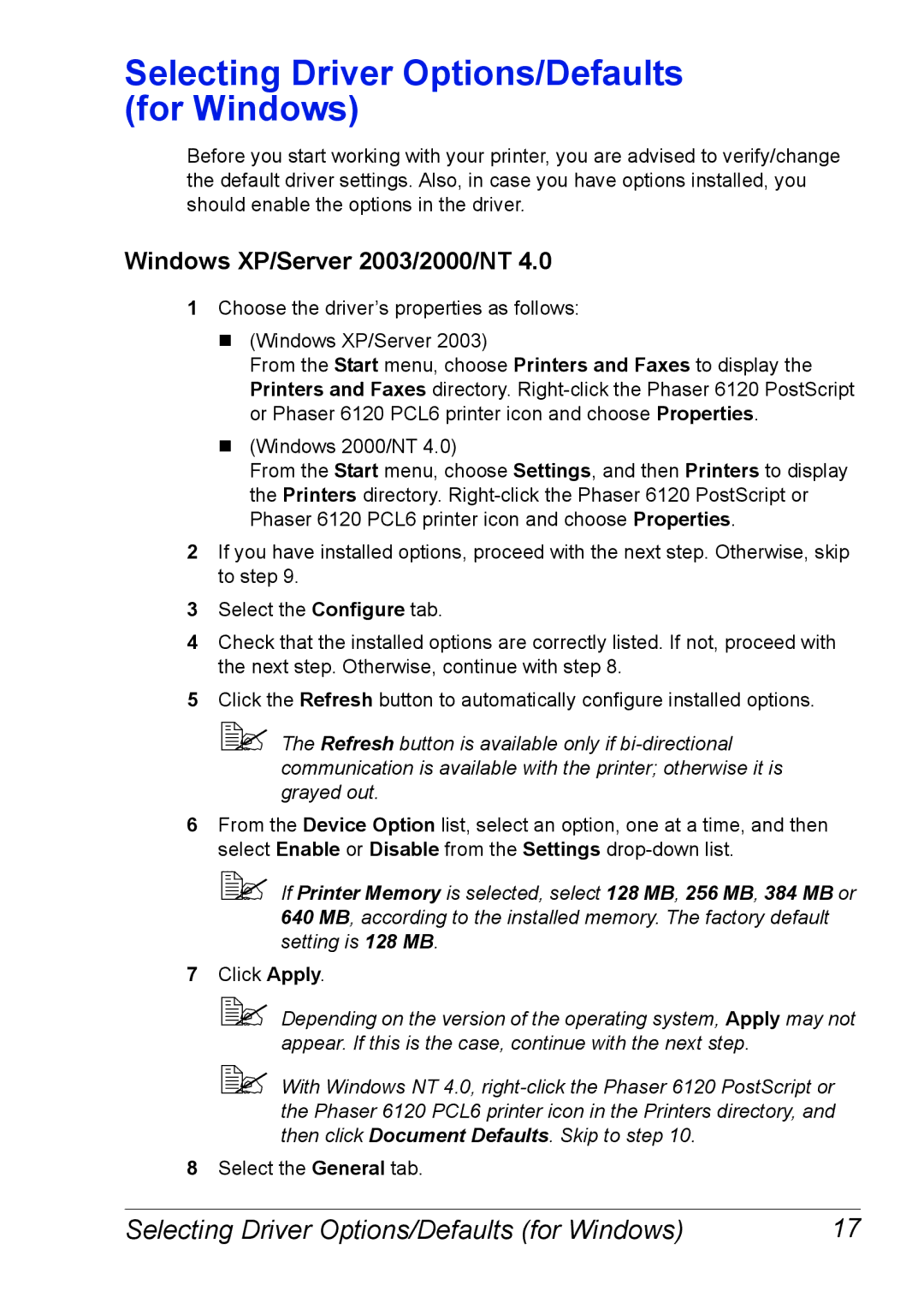 Xerox 6120 manual Selecting Driver Options/Defaults for Windows, Windows XP/Server 2003/2000/NT 