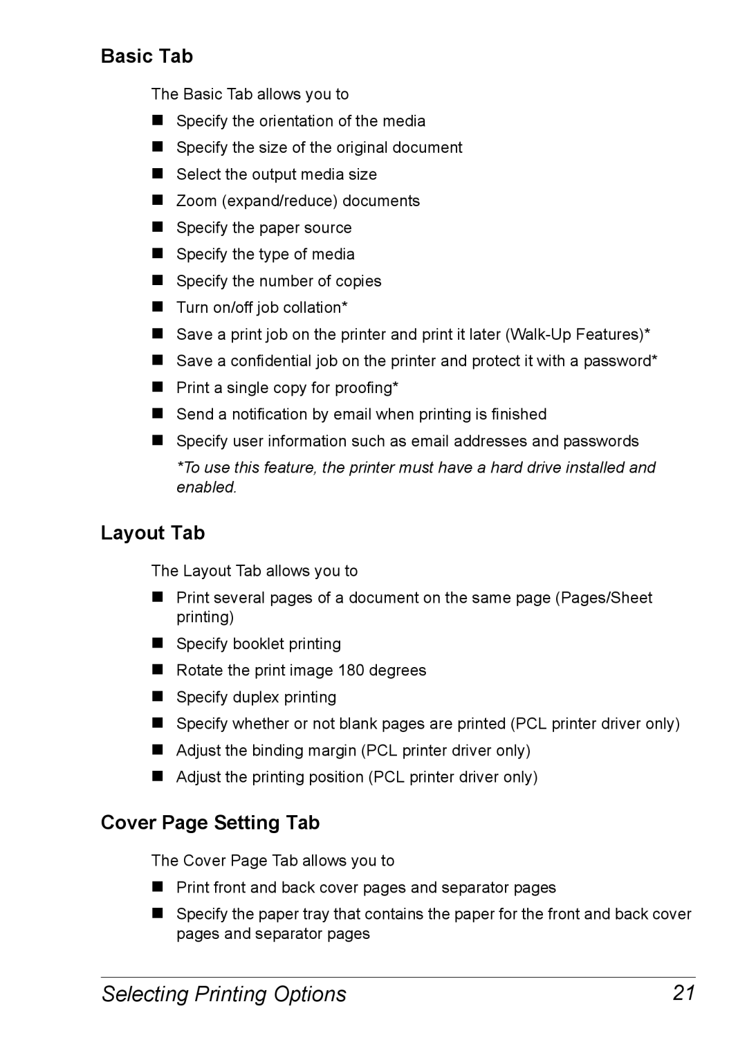 Xerox 6120 manual Selecting Printing Options, Basic Tab, Layout Tab, Cover Page Setting Tab 