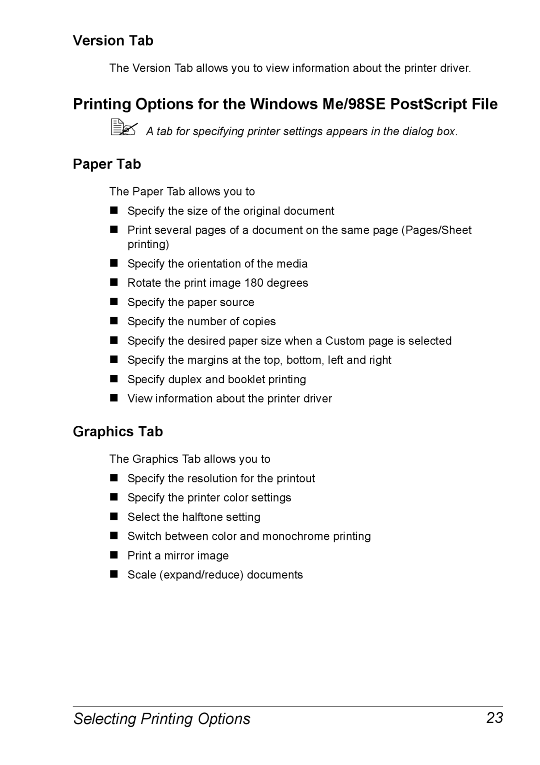 Xerox 6120 manual Printing Options for the Windows Me/98SE PostScript File, Version Tab, Paper Tab, Graphics Tab 