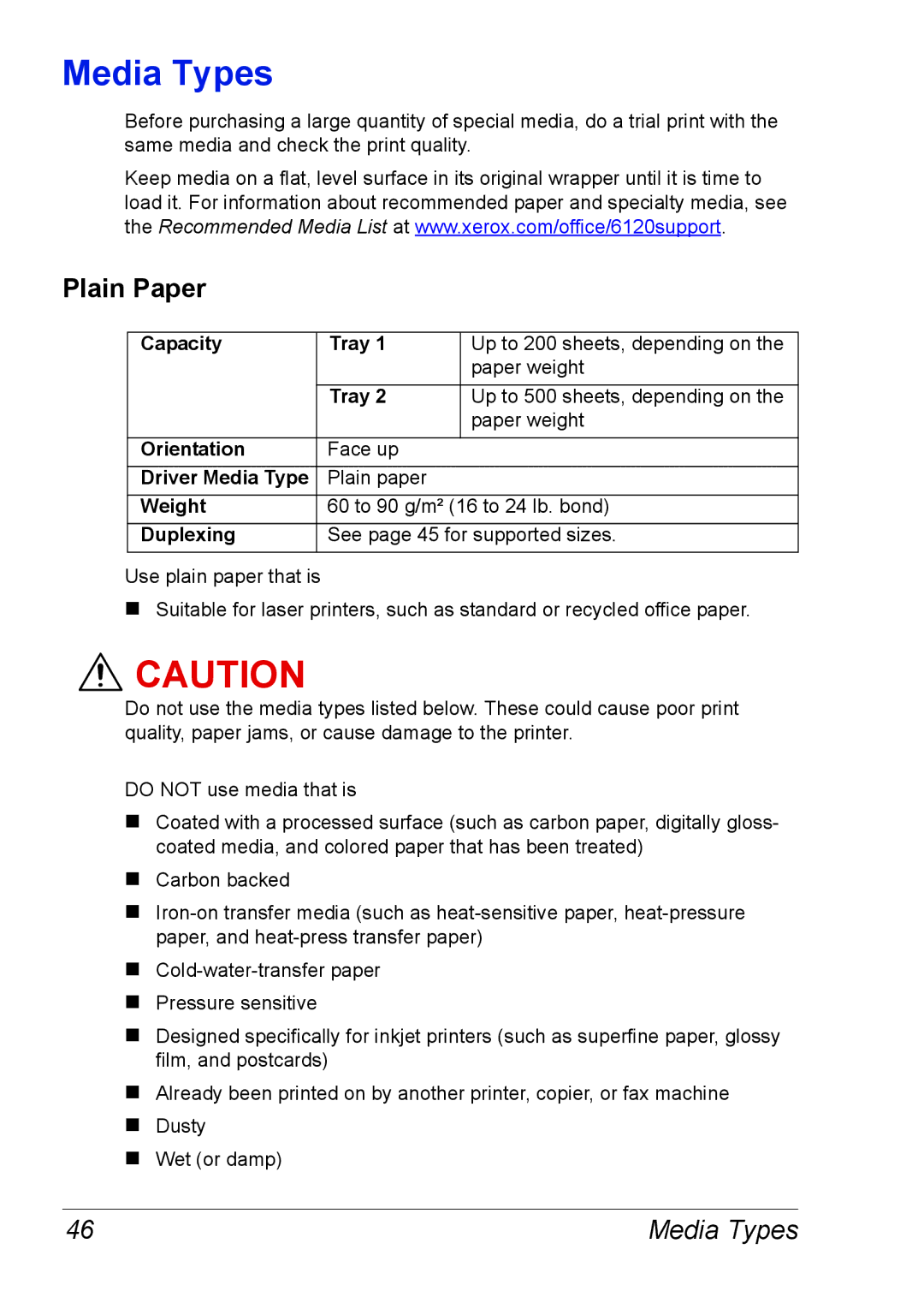 Xerox 6120 manual Media Types, Plain Paper 