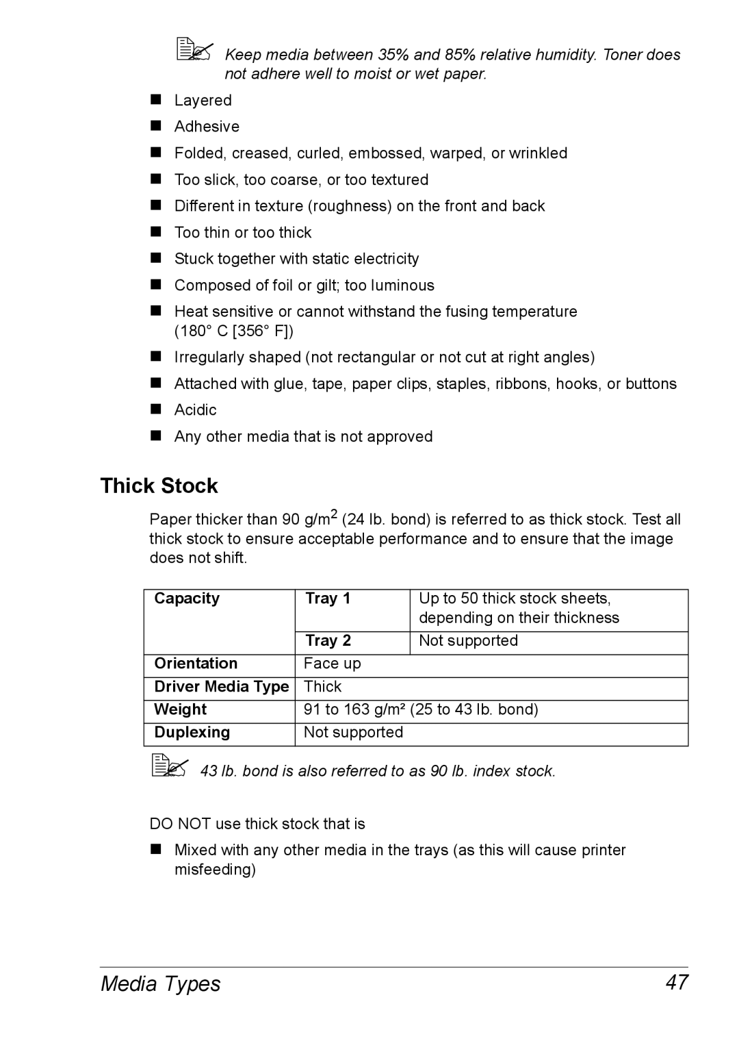 Xerox 6120 manual Thick Stock, Media Types 