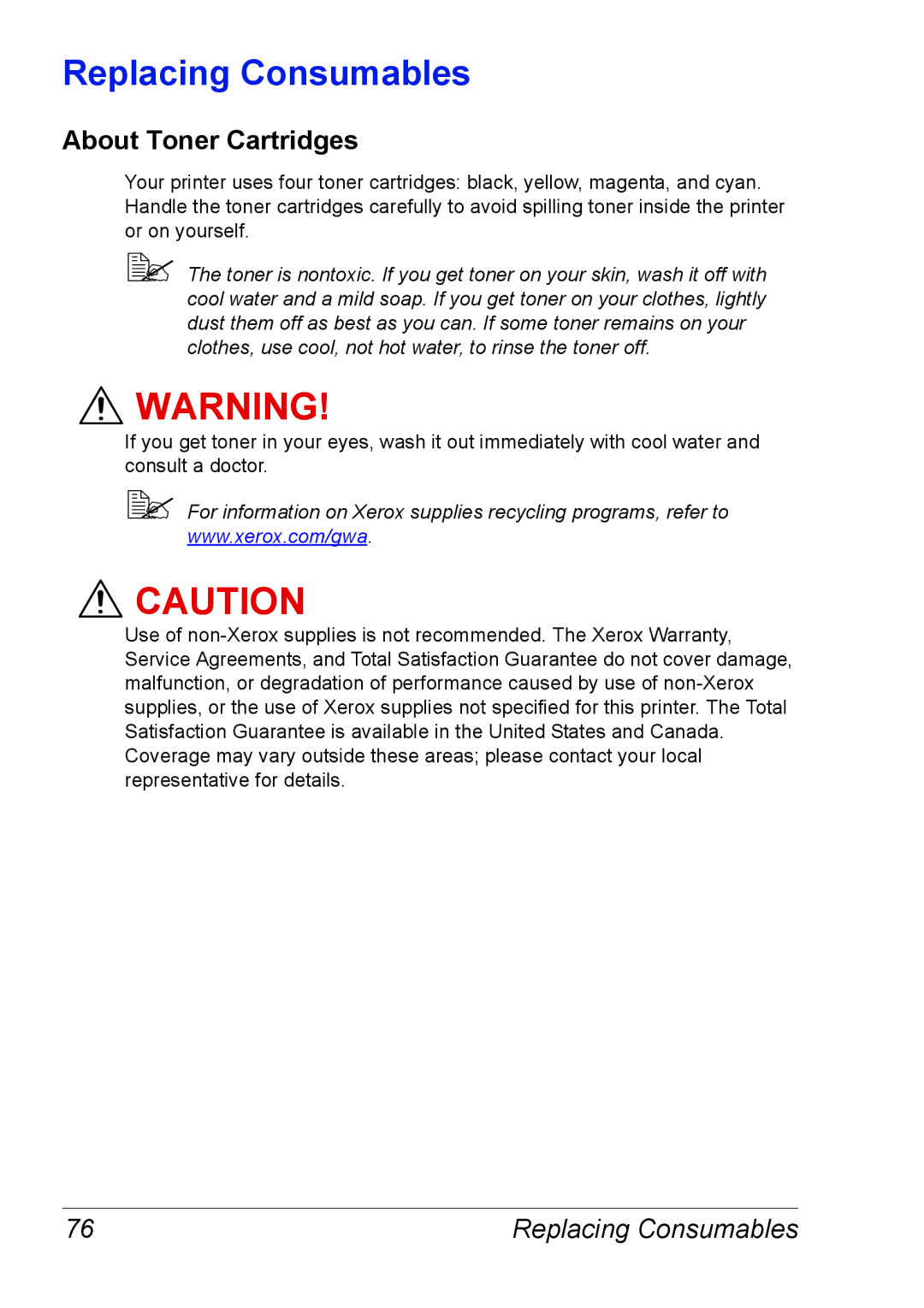 Xerox 6120 manual Replacing Consumables, About Toner Cartridges 